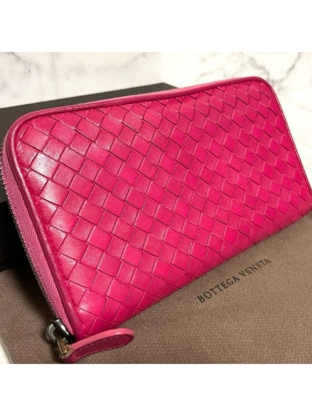 Bottega Veneta Intrecciato Nappa Zip Around Wallet Pink